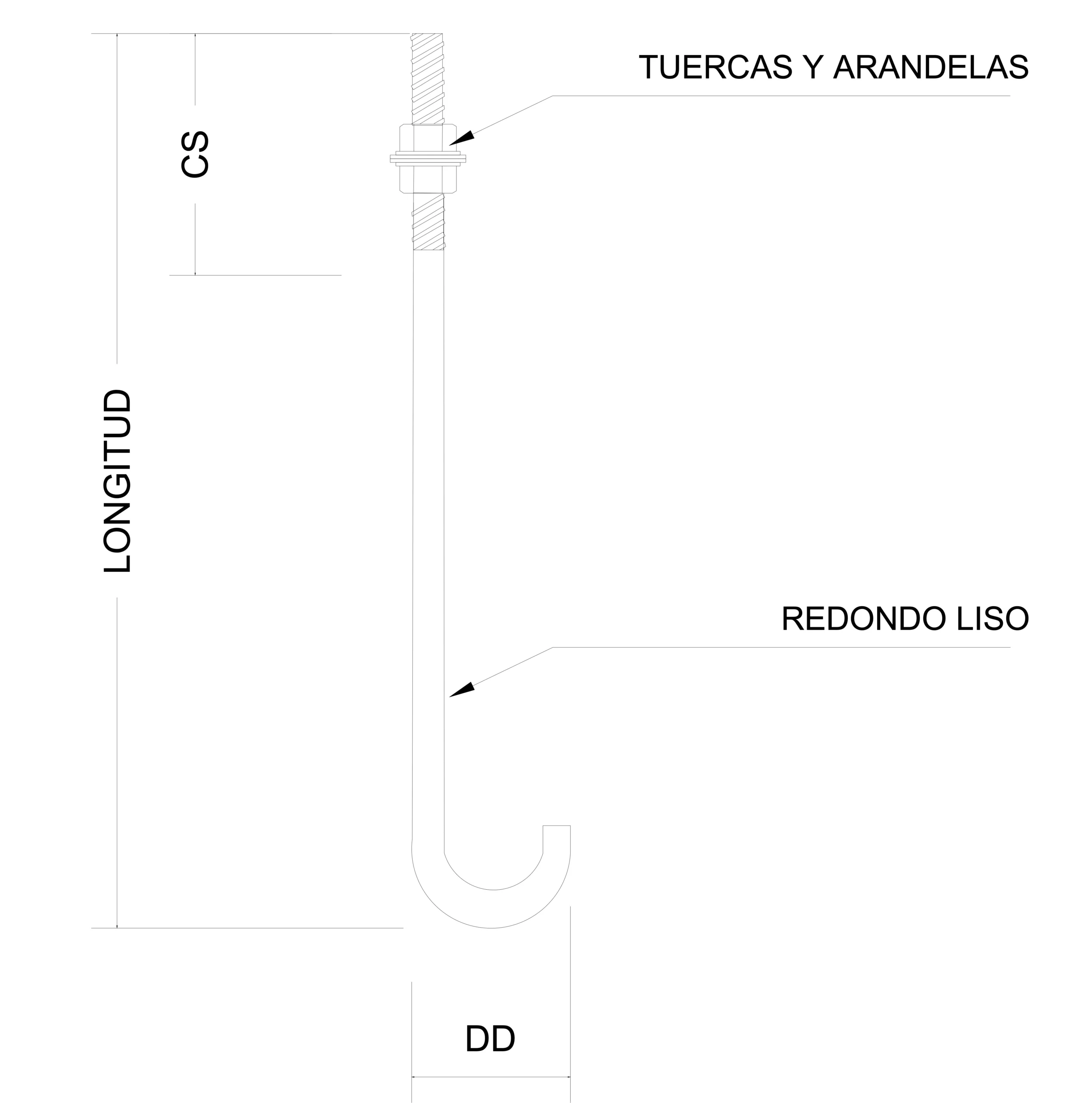 Diagrama técnico de un ancla tipo J, mostrando medidas y especificaciones para aplicaciones industriales.